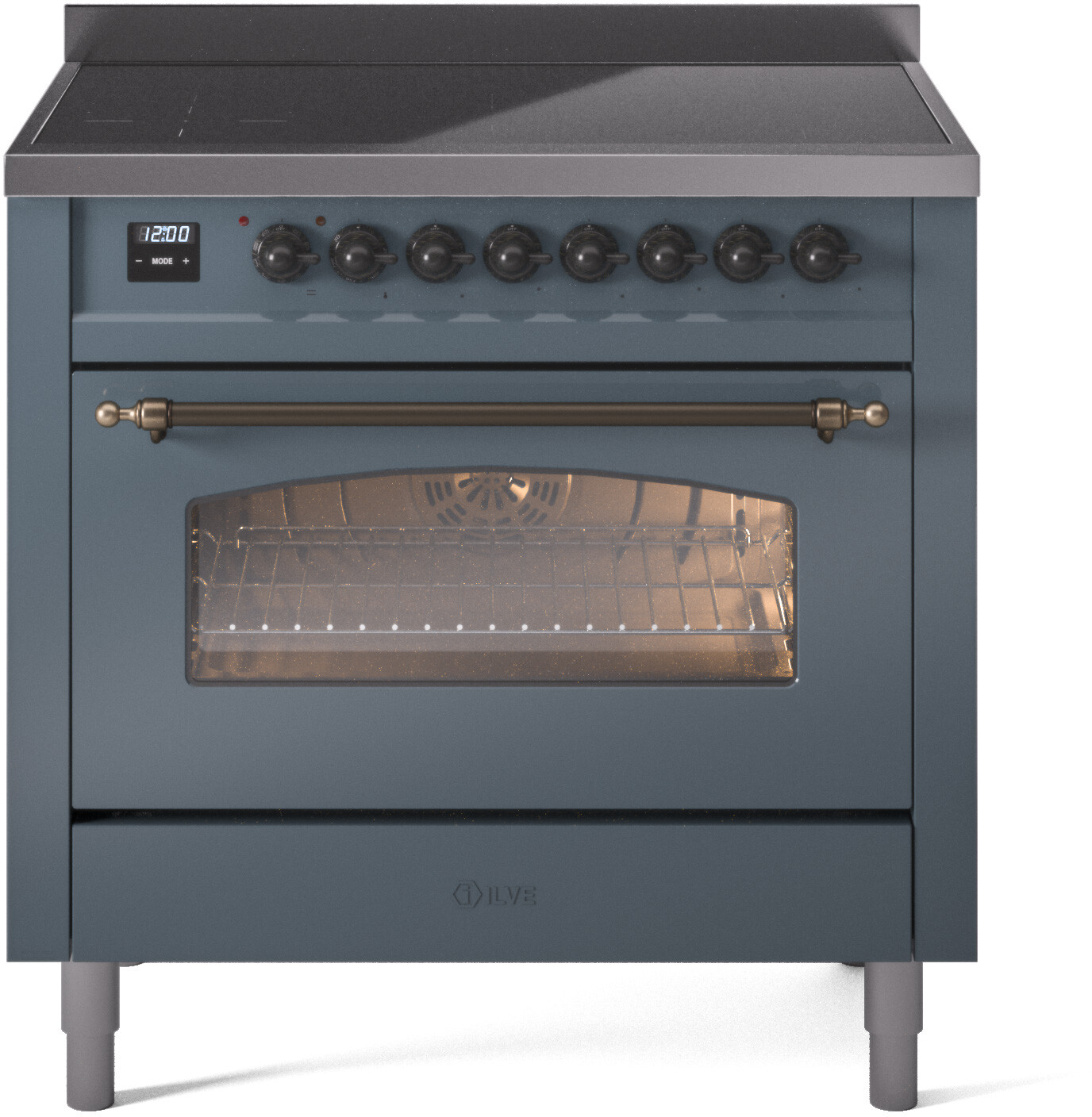 Ilve UPI366NMPBGB 36 Inch Electric Freestanding Range - Blue Grey with Bronze Trim, Induction, Zone Booster, Easy Clean Enamel Oven, Kitchen Appliance