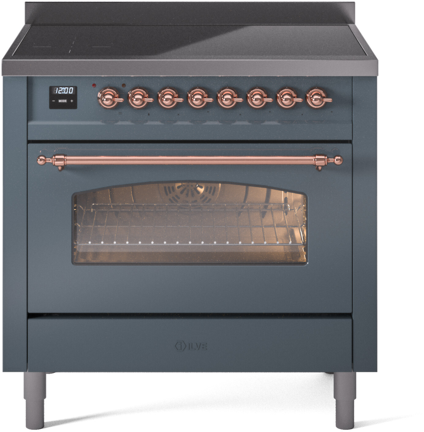 Ilve UPI366NMPBGP 36 Inch Electric Freestanding Range - Blue Grey with Copper Trim, Induction, Zone Booster, Easy Clean Enamel Oven, Kitchen Appliance