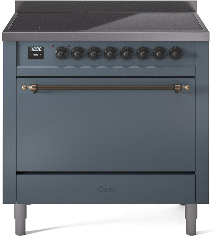 Ilve UPI366QNMPBGB 36 Inch Electric Freestanding Range - Blue Grey with Bronze Trim, Induction, Zone Booster, Easy Clean Enamel Oven, Kitchen
