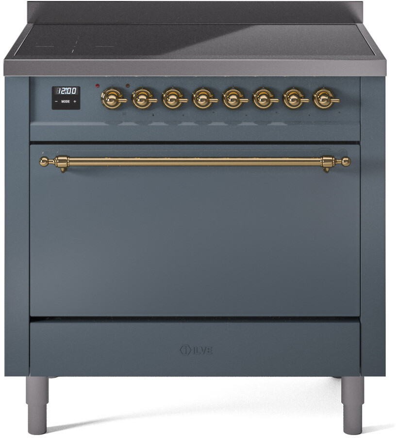 ILVE UPI366QNMPBGG Nostalgie II 36 inch Induction Range with 6 Elements, 3.5 cu. ft. Oven Capacity (Solid Door, Blue Grey, Brass)