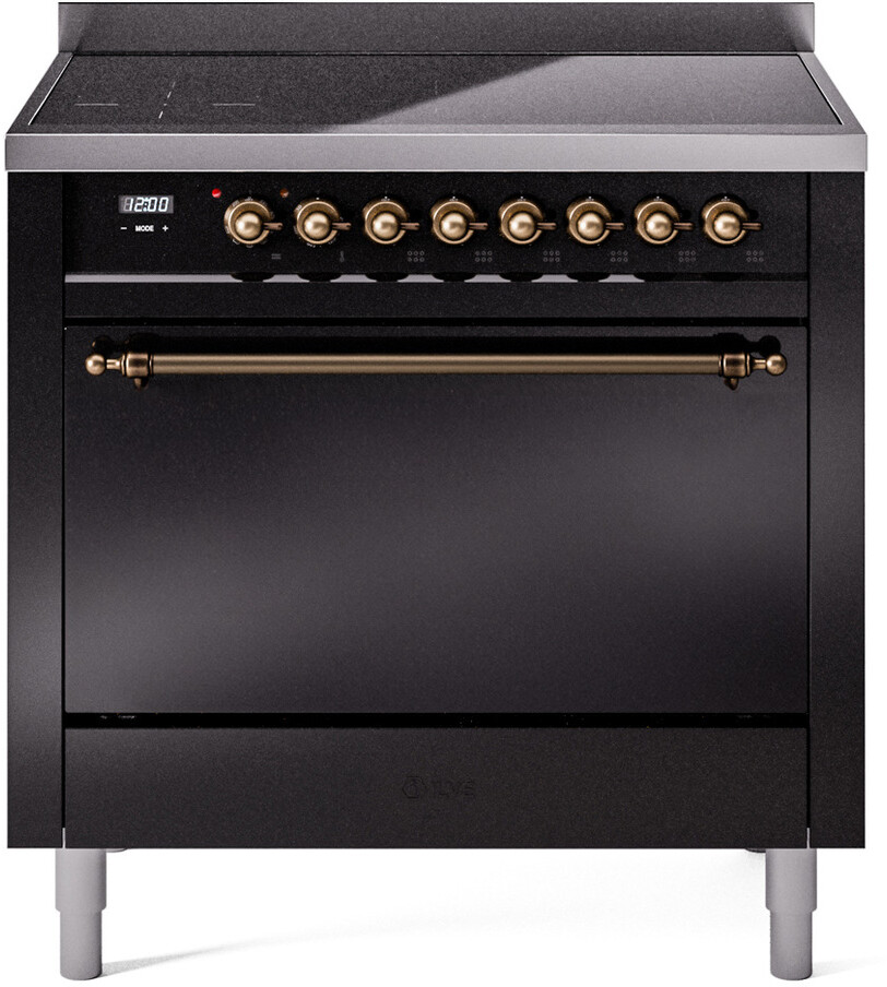 ILVE UPI366QNMPBKB Nostalgie II 36 inch Induction Range with 6 Elements, 3.5 cu. ft. Oven Capacity (Solid Door, Glossy Black, Burnished)