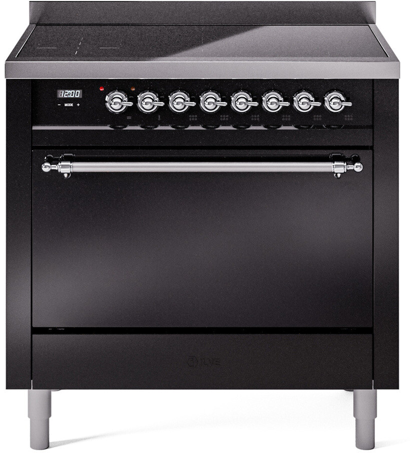 ILVE UPI366QNMPBKC Nostalgie II 36 inch Induction Range with 6 Elements, 3.5 cu. ft. Oven Capacity (Solid Door, Glossy Black, Chrome)