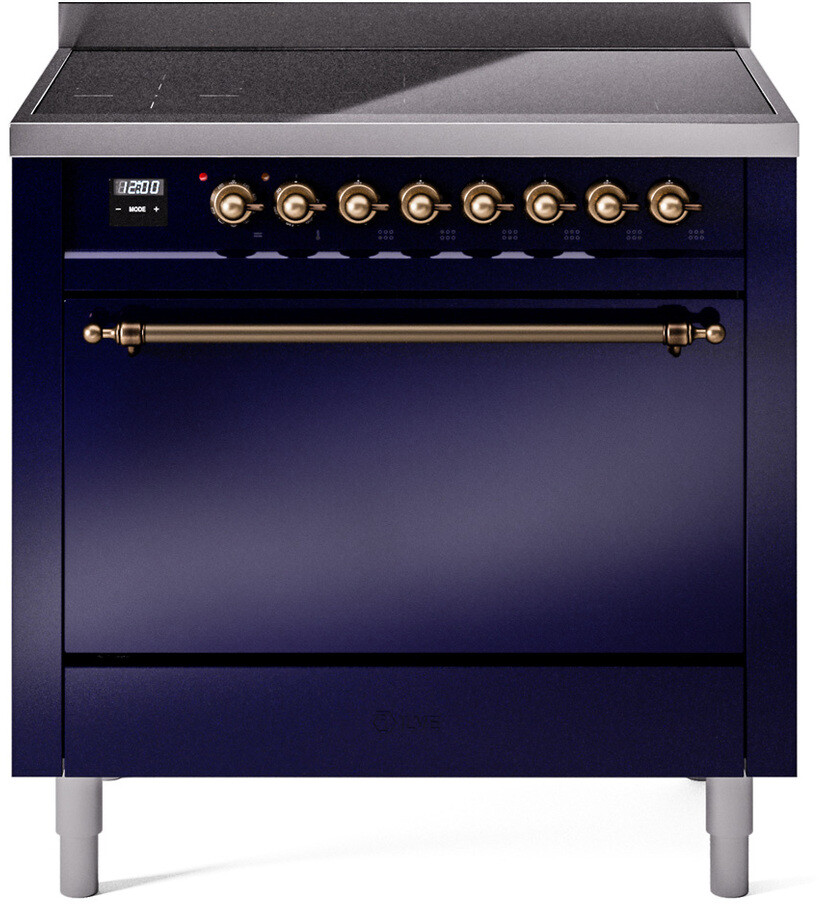 Ilve UPI366QNMPMBB 36 Inch Electric Freestanding Range In Blue With Bronze Trim - Induction, Zone Booster, Easy Clean Enamel Oven, Kitchen Appliance