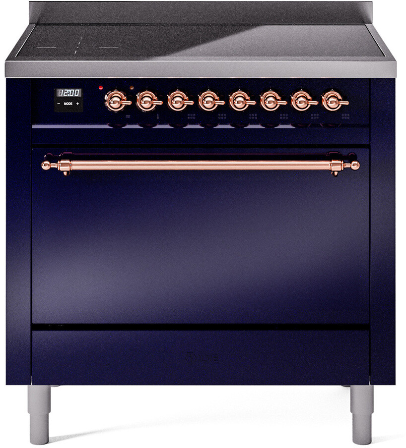 Ilve UPI366QNMPMBP 36 Inch Electric Freestanding Range - Blue, Copper Trim, Induction, Zone Booster, Easy Clean Enamel Oven, Kitchen Appliance
