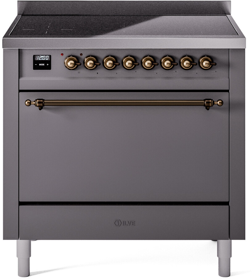 Ilve UPI366QNMPMGB 36 Inch Electric Freestanding Range In Matte Graphite With Bronze Trim - Induction, Zone Booster, Easy Clean Enamel Oven, Kitchen