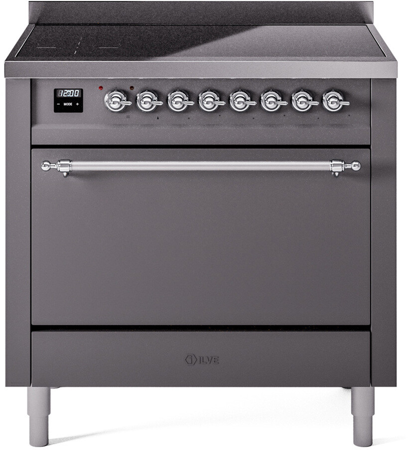 Ilve UPI366QNMPMGC 36 Inch Electric Freestanding Range In Matte Graphite With Chrome Trim - Induction, Zone Booster, Easy Clean Enamel Oven, Kitchen
