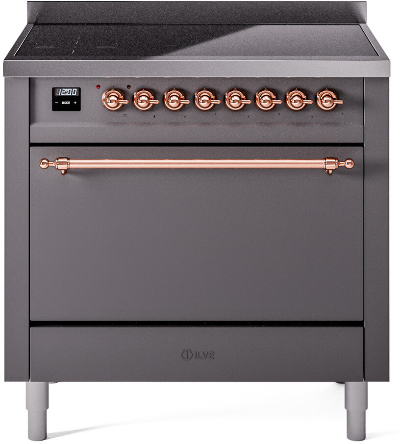 Ilve UPI366QNMPMGP 36 Inch Electric Freestanding Range In Matte Graphite With Copper Trim - Induction, Zone Booster, Easy Clean Enamel Oven, Kitchen