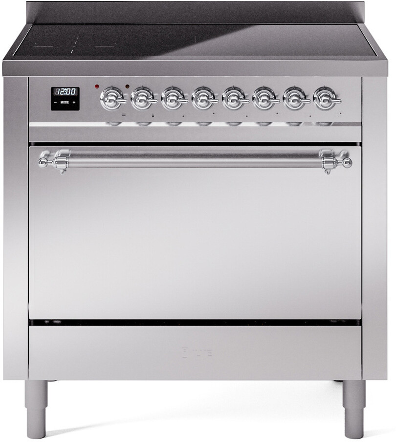 Ilve UPI366QNMPSSC 36 Inch Electric Freestanding Range In Stainless Steel With Chrome Trim - Induction, Zone Booster, Easy Clean Enamel Oven,