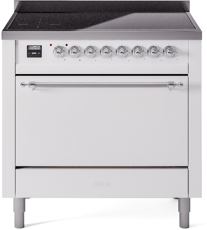 Ilve UPI366QNMPWHC 36 Inch Electric Freestanding Range In White With Chrome Trim - Induction, Zone Booster, Easy Clean Enamel Oven, Kitchen Appliance