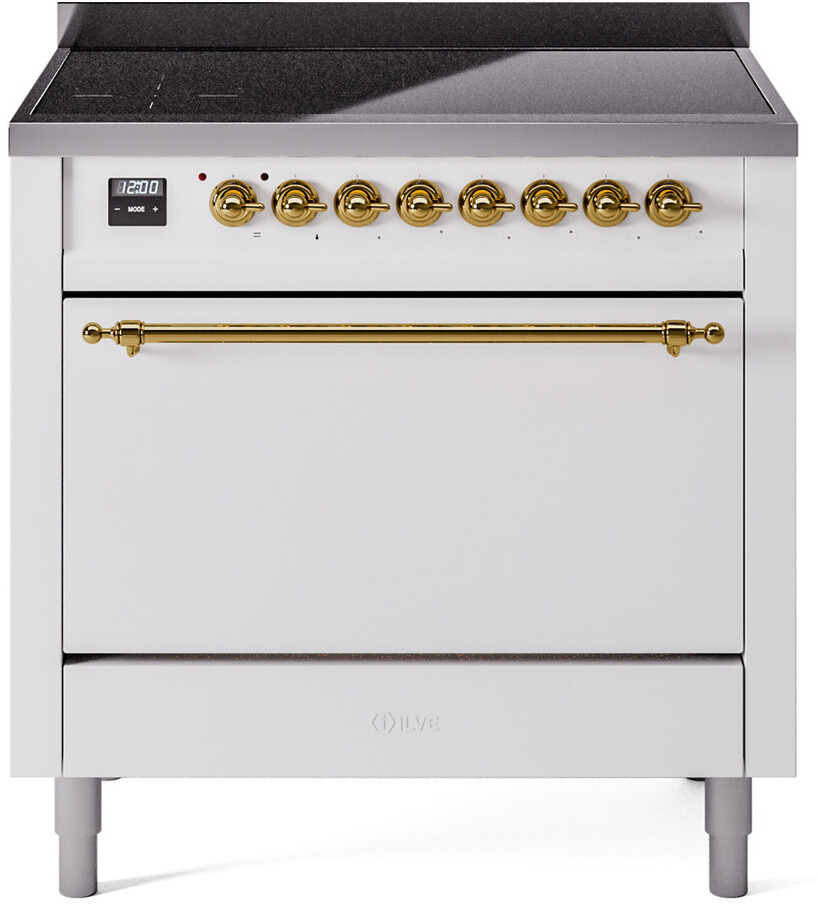 Ilve UPI366QNMPWHG 36 Inch Electric Freestanding Range In White With Brass Trim - Induction, Zone Booster, Easy Clean Enamel Oven, Kitchen Appliance