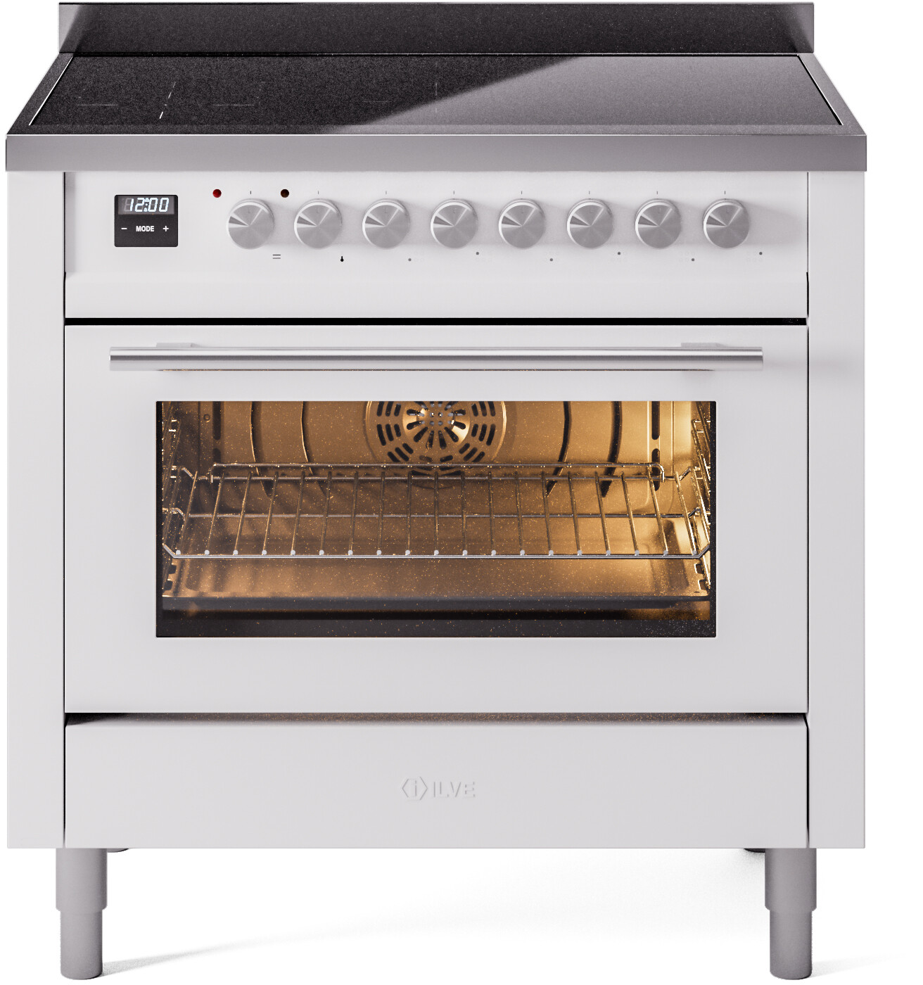 Ilve Professional Plus II 36 Inch Electric Freestanding Range in White with Trim - Induction, Residual Heat Indicator, Triple Glass Cool Down