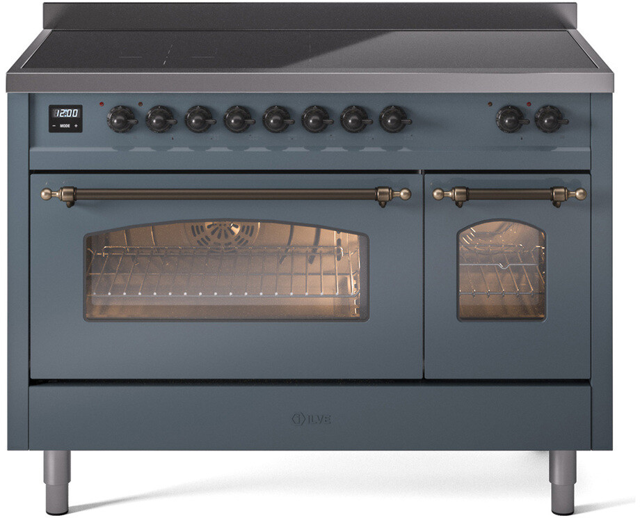 ILVE UPI486NMPBGB Nostalgie II 48 inch Induction Range with 6 Elements, 5.02 cu. ft. Total Dual Oven Capacity (Triple Glass Door, Blue Grey, Burnished)