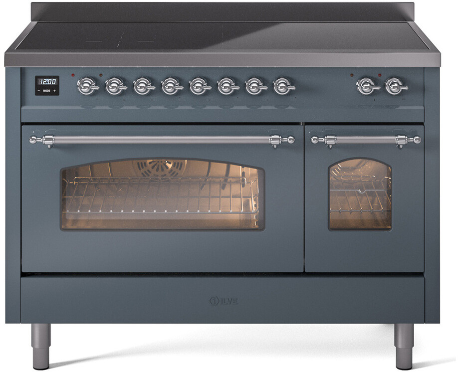 ILVE UPI486NMPBGC Nostalgie II 48 inch Induction Range with 6 Elements, 5.02 cu. ft. Total Dual Oven Capacity (Triple Glass Door, Blue Grey, Chrome)