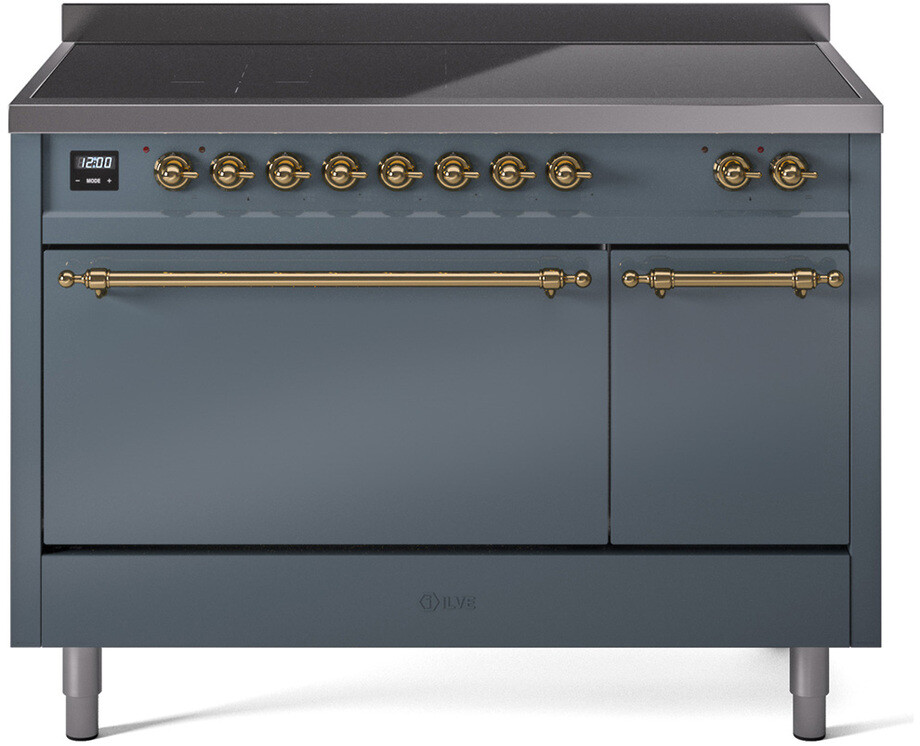 ILVE UPI486QNMPBGG Nostalgie II 48 inch Induction Range with 6 Elements, 5.02 cu. ft. Total Dual Oven Capacity (Solid Door, Blue Grey, Brass)