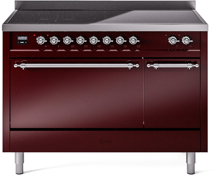 ILVE UPI486QNMPBUC Nostalgie II 48 inch Induction Range with 6 Elements, 5.02 cu. ft. Total Dual Oven Capacity (Solid Door, Burgundy, Chrome)