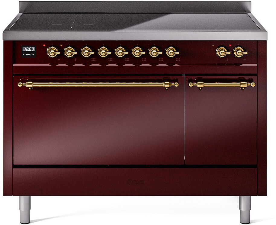 Ilve UPI486QNMPBUG Nostalgie II 48 Inch Electric Freestanding Range in Burgundy with Brass Trim - Induction, Zone Booster, Easy Clean Enamel Oven,