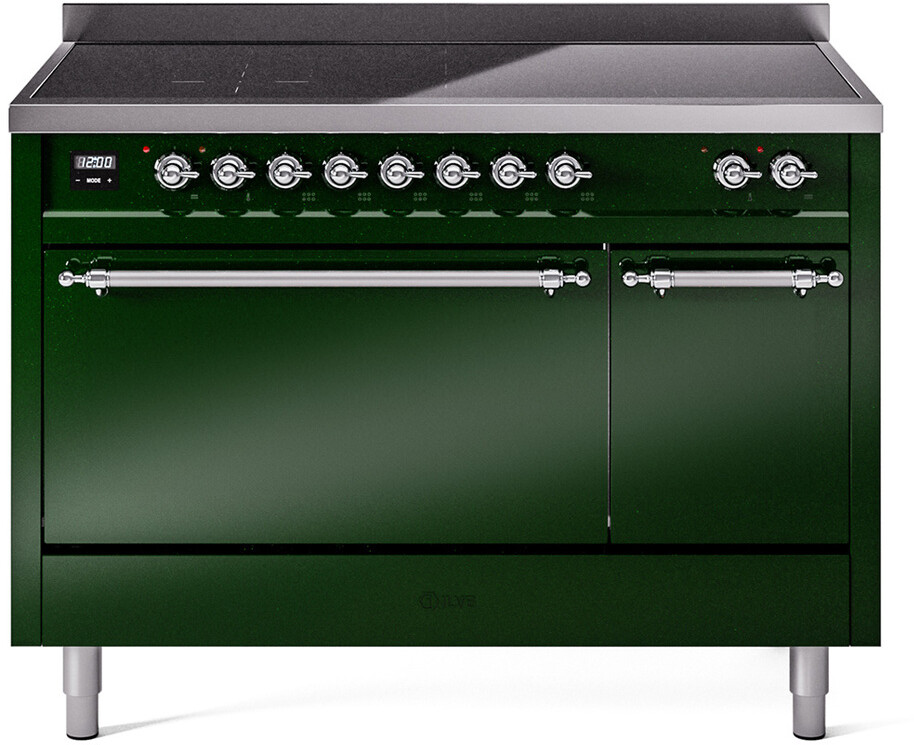 ILVE UPI486QNMPEGC Nostalgie II 48 inch Induction Range with 6 Elements, 5.02 cu. ft. Total Dual Oven Capacity (Solid Door, Emerald Green, Chrome)