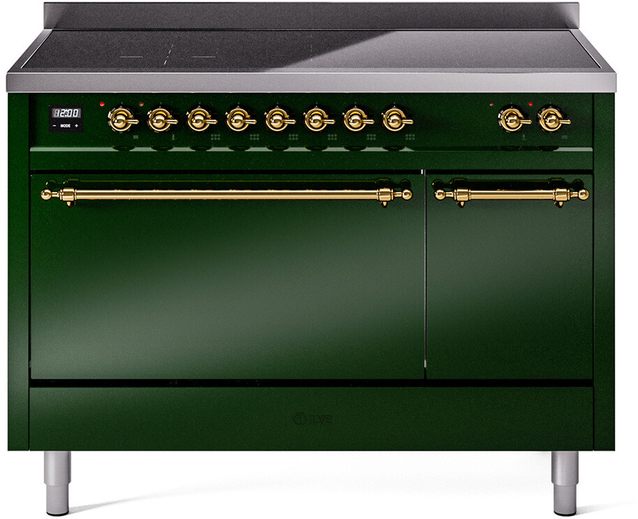 ILVE UPI486QNMPEGG Nostalgie II 48 inch Induction Range with 6 Elements, 5.02 cu. ft. Total Dual Oven Capacity (Solid Door, Emerald Green, Brass)