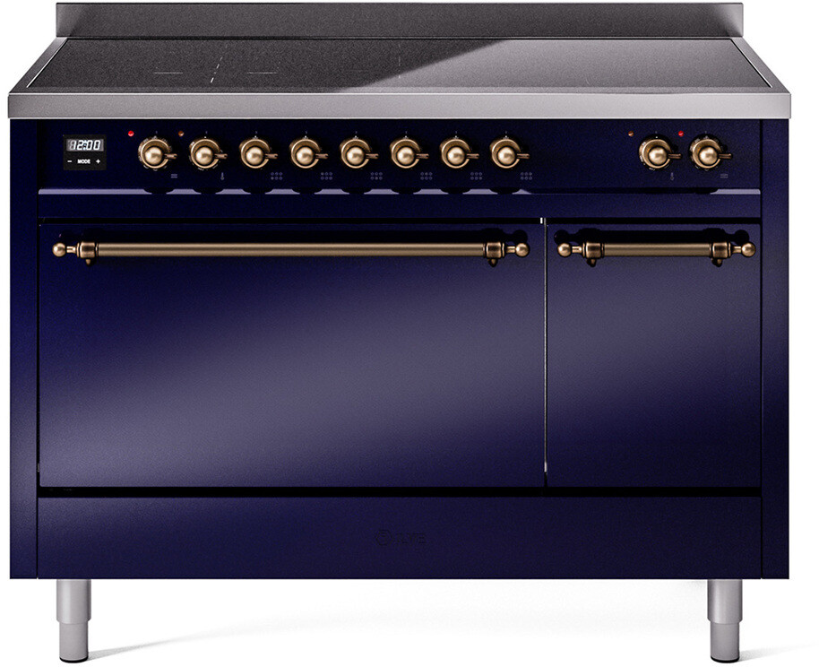ILVE UPI486QNMPMBB Nostalgie II 48 inch Induction Range with 6 Elements, 5.02 cu. ft. Total Dual Oven Capacity (Solid Door, Midnight Blue, Burnished)