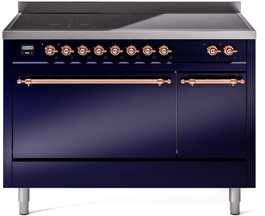 ILVE UPI486QNMPMBP Nostalgie II 48 inch Induction Range with 6 Elements, 5.02 cu. ft. Total Dual Oven Capacity (Solid Door, Midnight Blue, Copper)