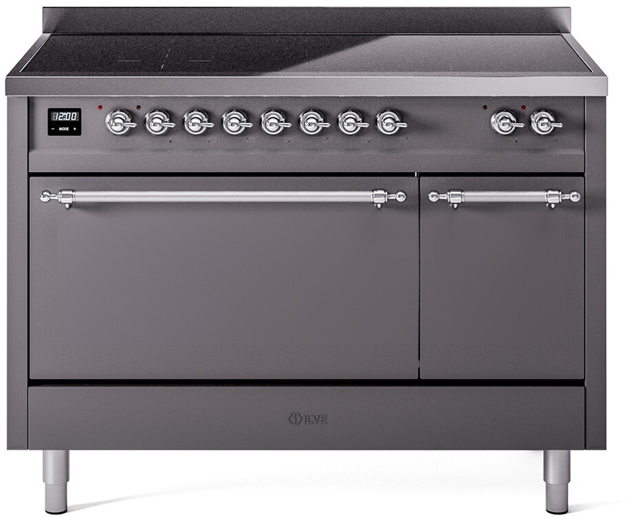 Ilve UPI486QNMPMGC 48 Inch Electric Freestanding Range In Matte Graphite With Chrome Trim - Induction, Zone Booster, Easy Clean Enamel Oven, Kitchen