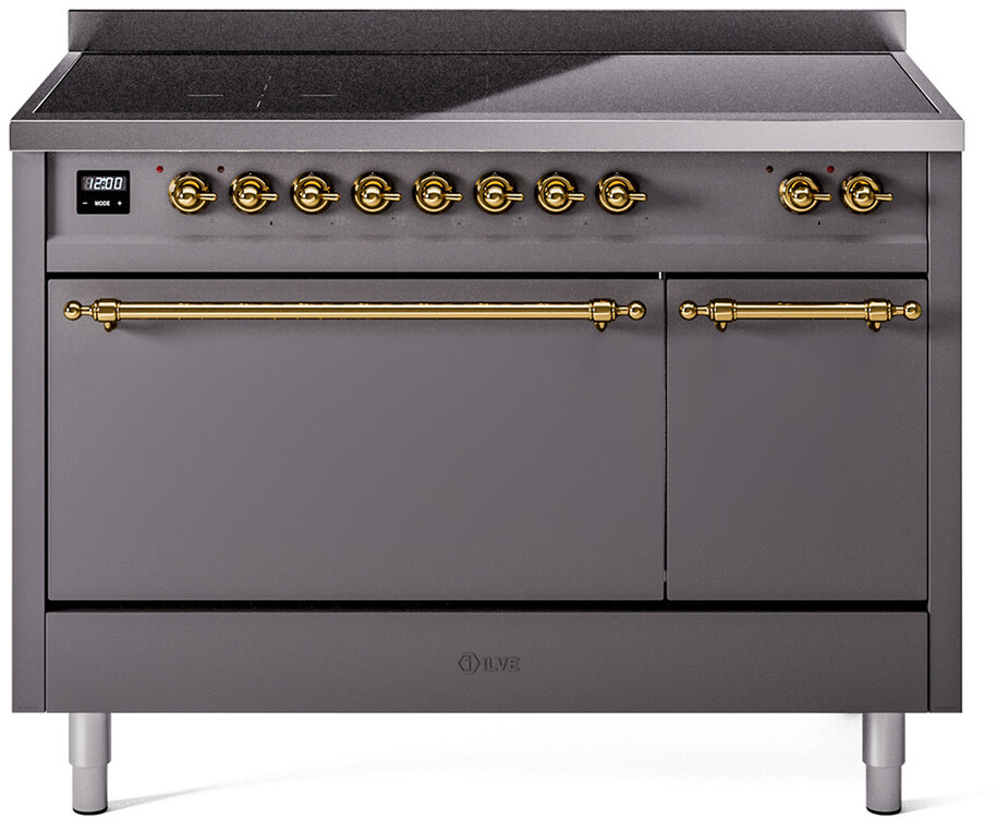 Ilve UPI486QNMPMGG 48 Inch Electric Freestanding Range In Matte Graphite With Brass Trim - Induction, Zone Booster, Easy Clean Enamel Oven, Kitchen