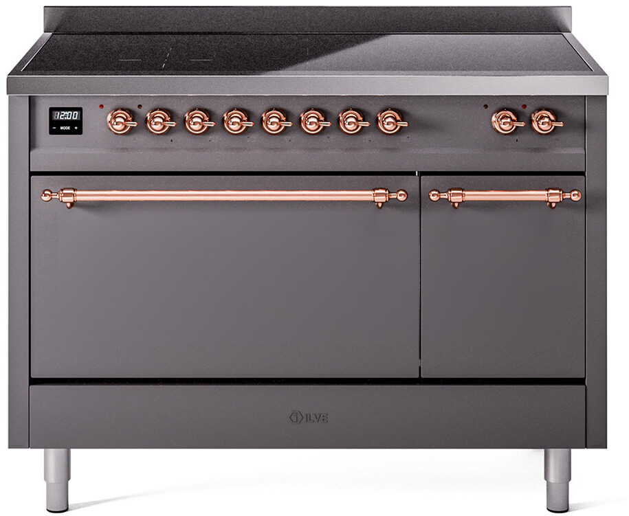 Ilve UPI486QNMPMGP 48 Inch Electric Freestanding Range In Matte Graphite With Copper Trim - Induction, Zone Booster, Easy Clean Enamel Oven, Kitchen