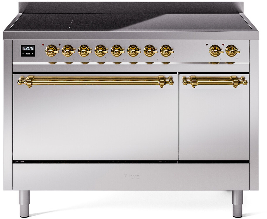 Ilve UPI486QNMPSSG 48 Inch Electric Freestanding Range In Stainless Steel With Brass Trim - Induction, Zone Booster, Easy Clean Enamel Oven, Stainless