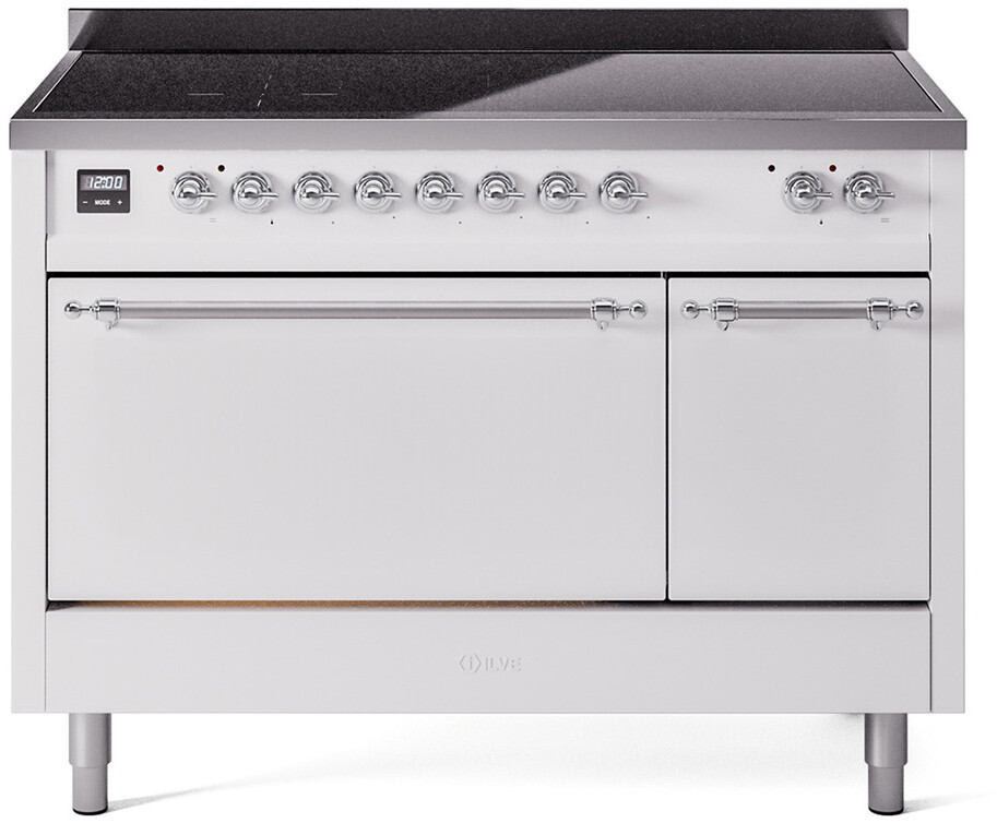 Ilve UPI486QNMPWHC 48 Inch Electric Freestanding Range In White With Chrome Trim - Induction, Zone Booster, Easy Clean Enamel Oven, Kitchen Appliance