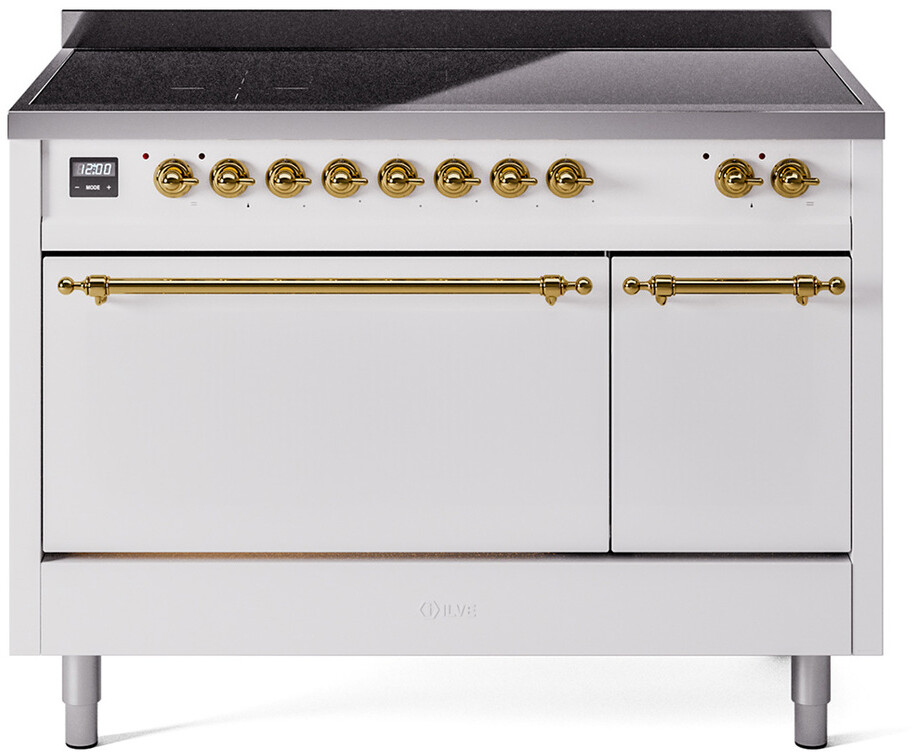 Ilve UPI486QNMPWHG 48 Inch Electric Freestanding Range In White With Brass Trim - Induction, Zone Booster, Easy Clean Enamel Oven, Kitchen Appliance
