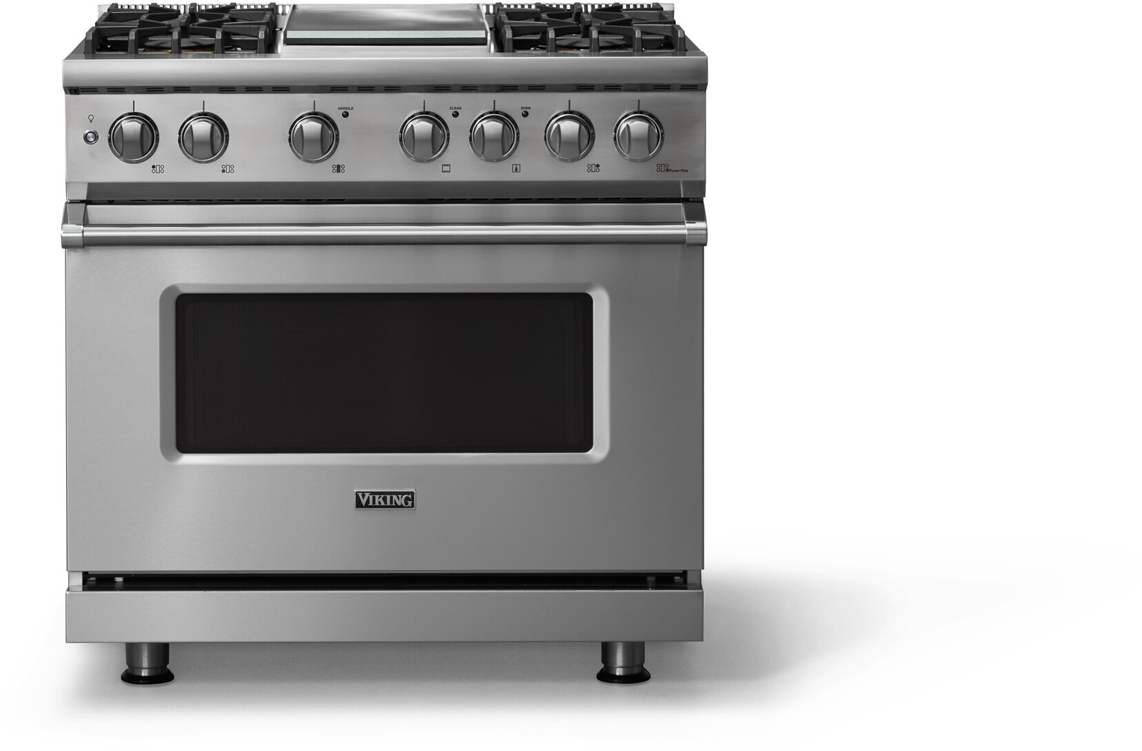 Viking VDR53644GSSLP 5-Series 36 inch Freestanding Dual Fuel Range with 4 Burners, Griddle, 5.6 cu. ft. Oven Capacity, VSH Pro Sealed Burner System and Self-Cleaning (Stainless Steel, Polished Chrome, Liquid Propane)