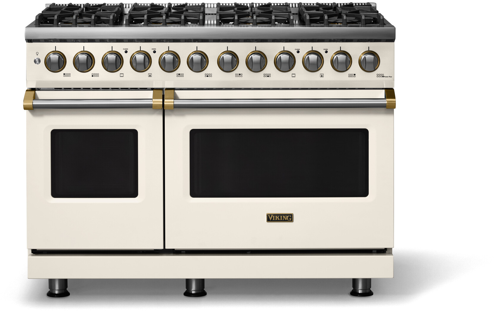 Viking VDR54848BPWBB 5-Series 48 inch Freestanding Dual Fuel Range with 8 Burners, 7.3 cu. ft. Oven Capacity, VSH Pro Sealed Burner System and Self-Cleaning (Pure White, Brushed Brass, Natural Gas)
