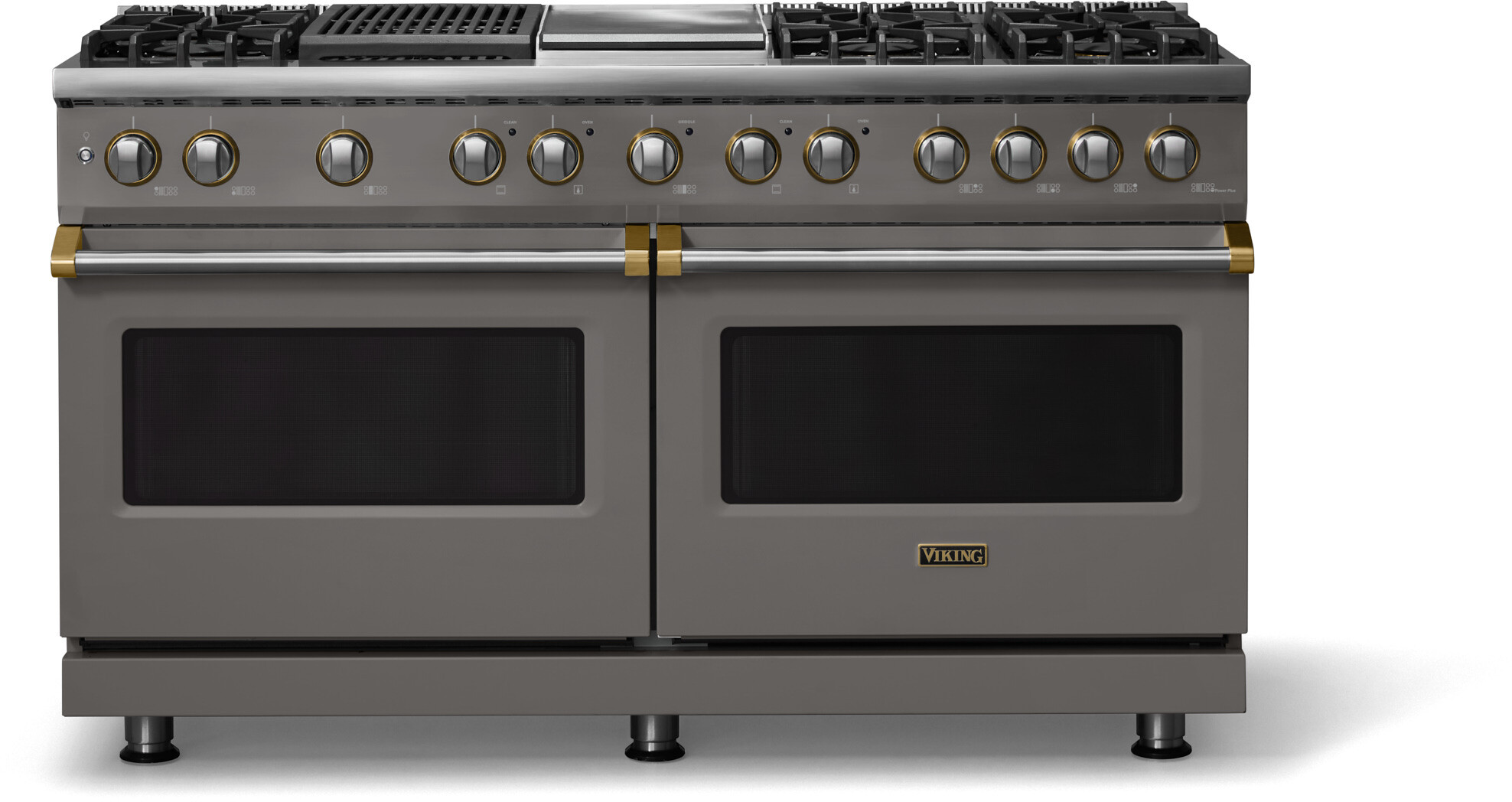 Viking VDR56046GQDGBBLP 5-Series 60 inch Freestanding Dual Fuel Range with 6 Burners, Griddle, Grill, 9.4 cu. ft. Oven Capacity, VSH Pro Sealed Burner System and Self-Cleaning (Damascus Gray, Brushed Brass, Liquid Propane)
