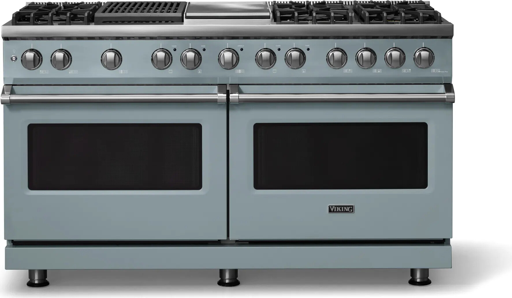 Viking VDR56046GQNSLP 5-Series 60 inch Freestanding Dual Fuel Range with 6 Burners, Griddle, Grill, 9.4 cu. ft. Oven Capacity, VSH Pro Sealed Burner System and Self-Cleaning (November Sky, Polished Chrome, Liquid Propane)
