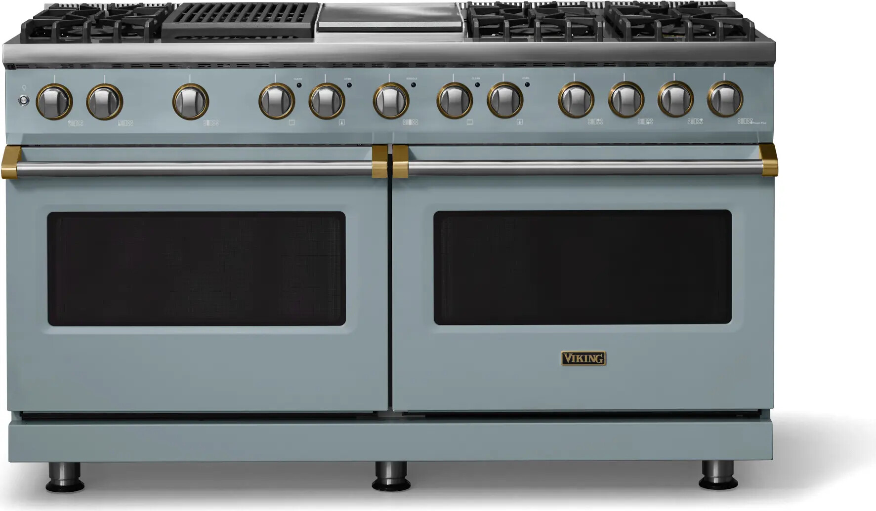 Viking VDR56046GQNSBBLP 5-Series 60 inch Freestanding Dual Fuel Range with 6 Burners, Griddle, Grill, 9.4 cu. ft. Oven Capacity, VSH Pro Sealed Burner System and Self-Cleaning (November Sky, Brushed Brass, Liquid Propane)