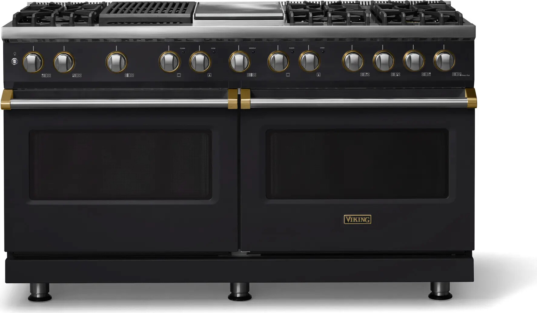 Viking VDR56046GQONBBLP 5-Series 60 inch Freestanding Dual Fuel Range with 6 Burners, Griddle, Grill, 9.4 cu. ft. Oven Capacity, VSH Pro Sealed Burner System and Self-Cleaning (Onyx, Brushed Brass, Liquid Propane)