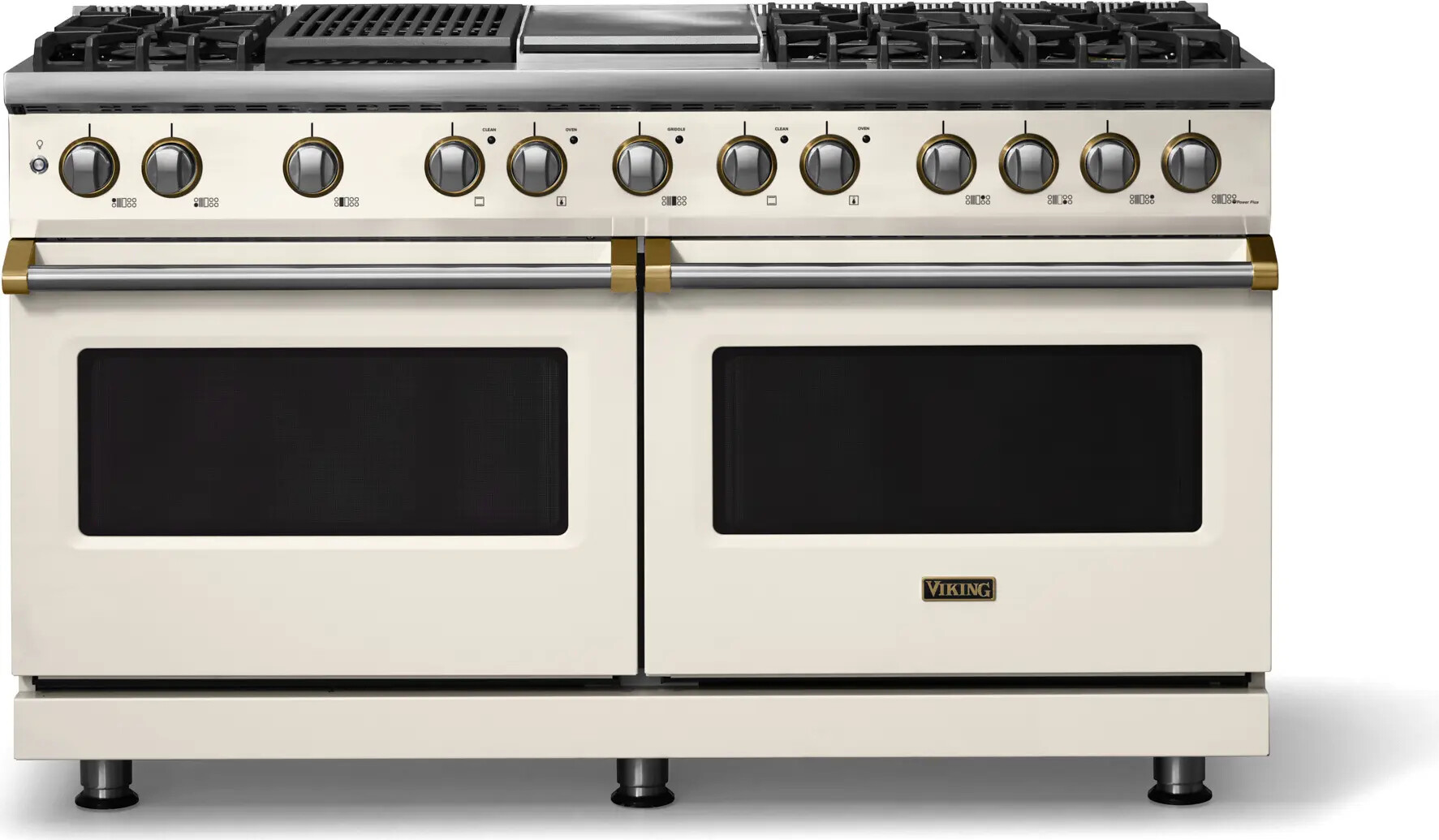 Viking VDR56046GQPWBBLP 5-Series 60 inch Freestanding Dual Fuel Range with 6 Burners, Griddle, Grill, 9.4 cu. ft. Oven Capacity, VSH Pro Sealed Burner System and Self-Cleaning (Pure White, Brushed Brass, Liquid Propane)