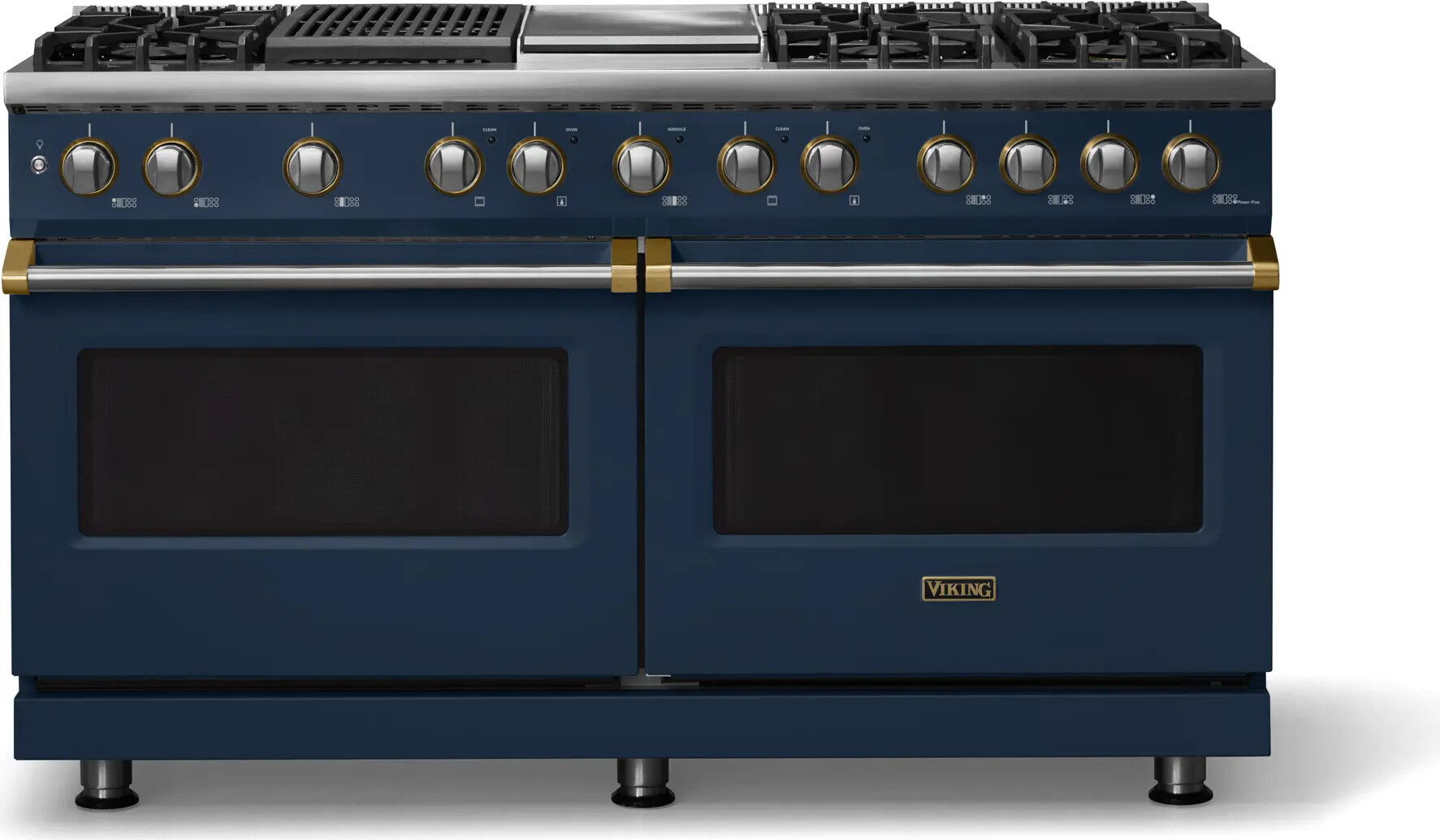 Viking VDR56046GQSBBBLP 5-Series 60 inch Freestanding Dual Fuel Range with 6 Burners, Griddle, Grill, 9.4 cu. ft. Oven Capacity, VSH Pro Sealed Burner System and Self-Cleaning (Slate Blue, Brushed Brass, Liquid Propane)