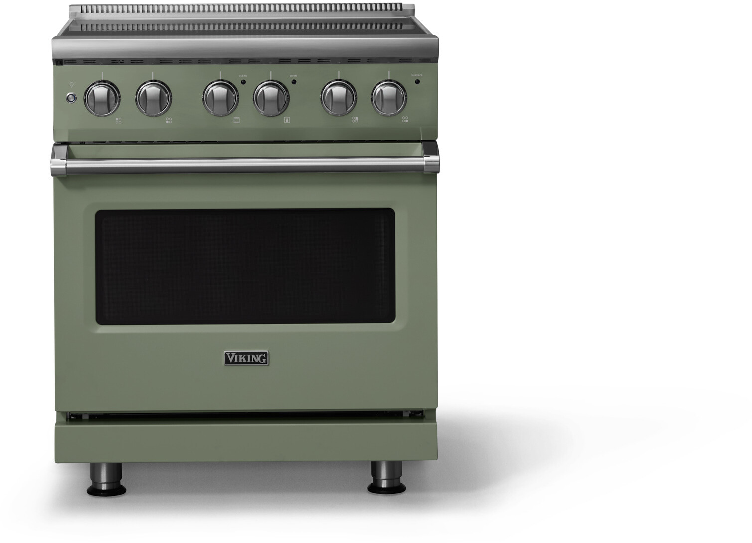 Viking VER53044BEU 5-Series 30 inch Freestanding Electric Range with 4 Elements, 4.7 cu. ft. Oven Capacity, QuickCook Surface Elements and Vari-Speed Dual Flow Convection System (Eucalyptus, Polished Chrome)