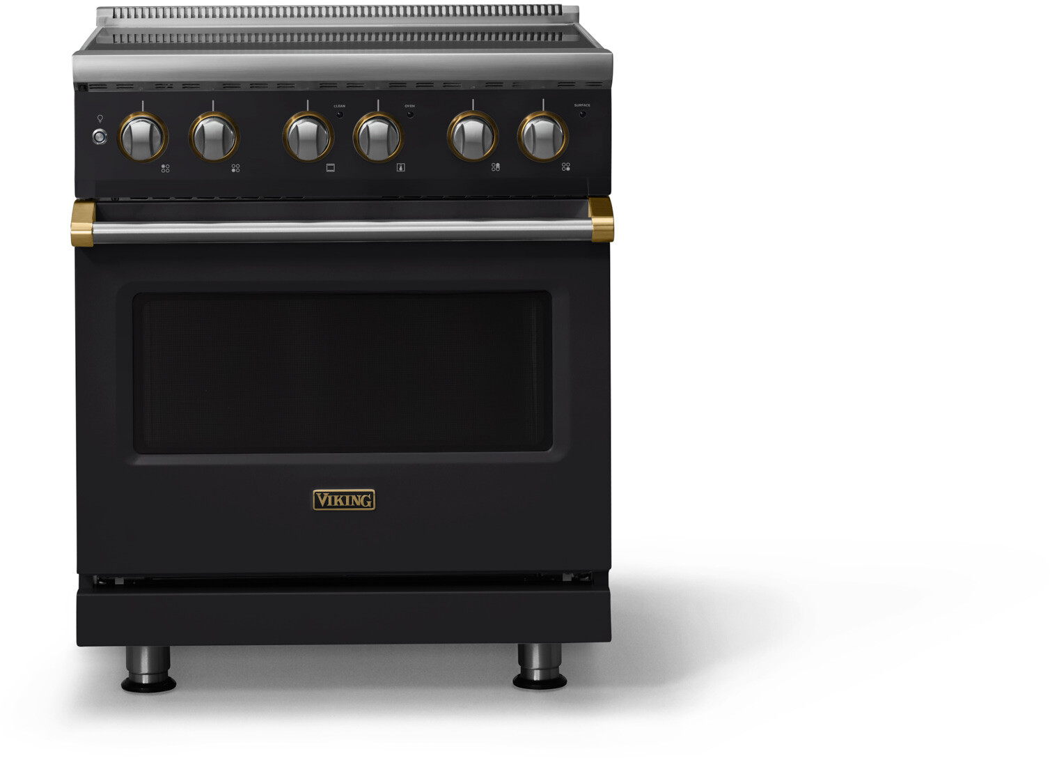 Viking VER53044BONBB 5-Series 30 inch Freestanding Electric Range with 4 Elements, 4.7 cu. ft. Oven Capacity, QuickCook Surface Elements and Vari-Speed Dual Flow Convection System (Onyx, Brushed Brass)