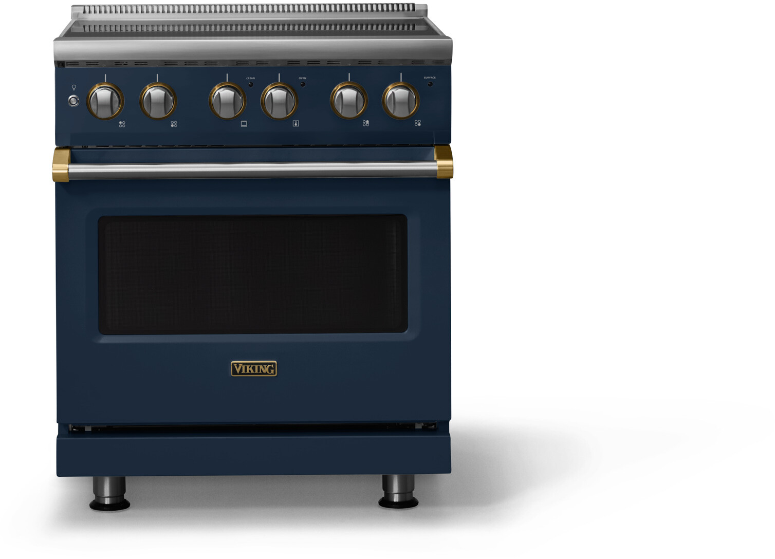 Viking VER53044BSBBB 5-Series 30 inch Freestanding Electric Range with 4 Elements, 4.7 cu. ft. Oven Capacity, QuickCook Surface Elements and Vari-Speed Dual Flow Convection System (Slate Blue, Brushed Brass)