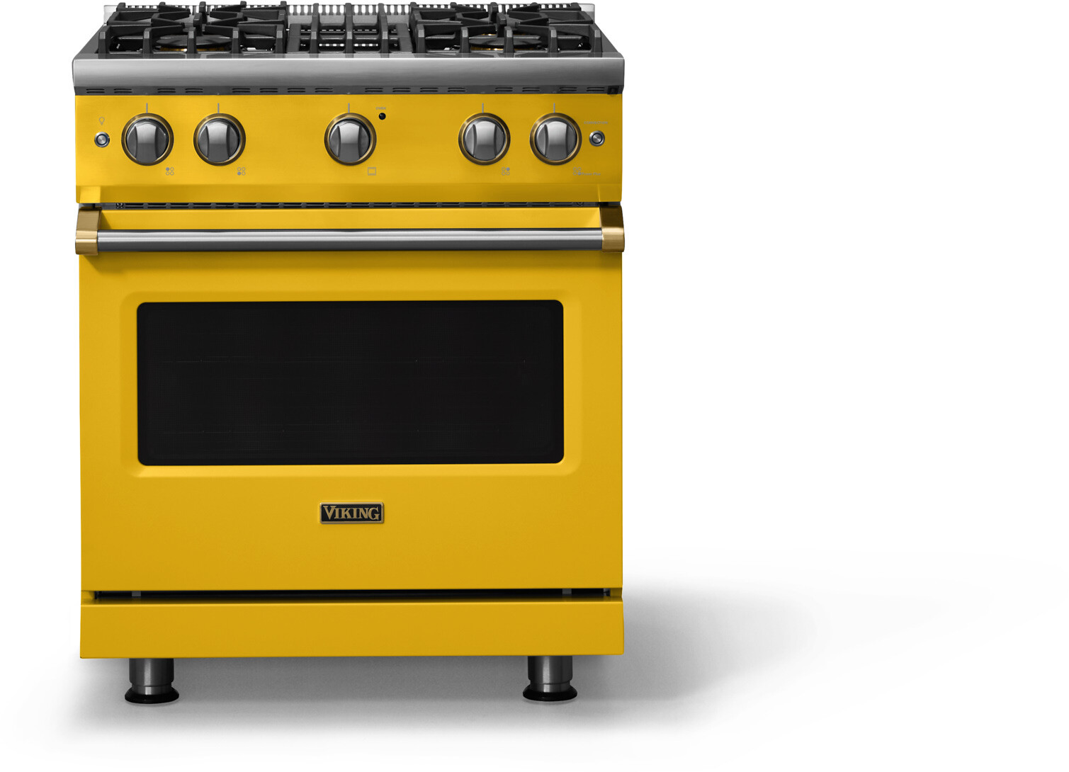 Viking VGR53044BDABBLP 5-Series 30 inch Freestanding Gas Range with 4 Sealed Burners, 4 cu. ft. Oven Capacity, VSH Pro Sealed Burner System and Gourmet-Glo Infrared Broiler (Daffodil, Brushed Brass, Liquid Propane)
