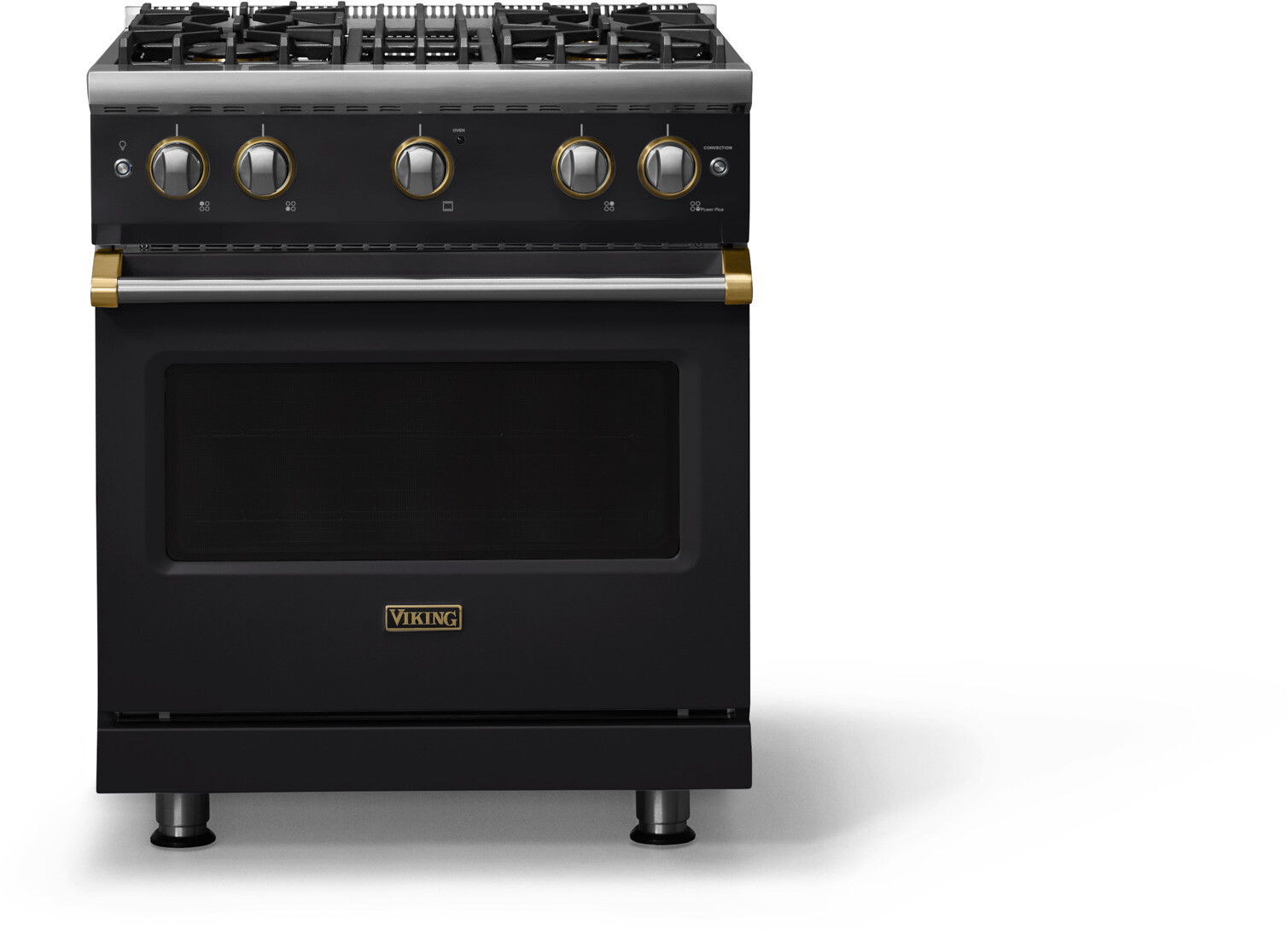 Viking VGR53044BONBB 5-Series 30 inch Freestanding Gas Range with 4 Sealed Burners, 4 cu. ft. Oven Capacity, VSH Pro Sealed Burner System and Gourmet-Glo Infrared Broiler (Onyx, Brushed Brass, Natural Gas)
