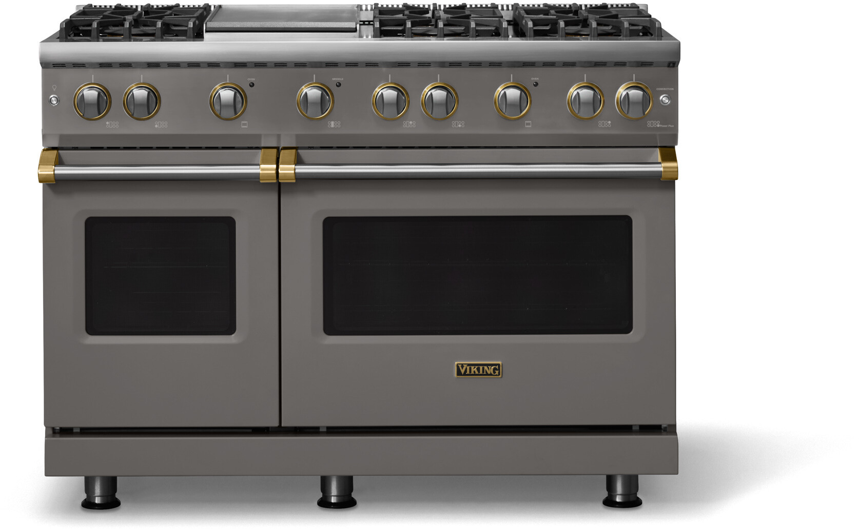 Viking VGR54846GDGBB 5-Series 48 inch Freestanding Gas Range with 6 Sealed Burners, Griddle, 6.1 cu. ft. Oven Capacity, VSH Pro Sealed Burner System and Gourmet-Glo Infrared Broiler (Damascus Gray, Brushed Brass, Natural Gas)