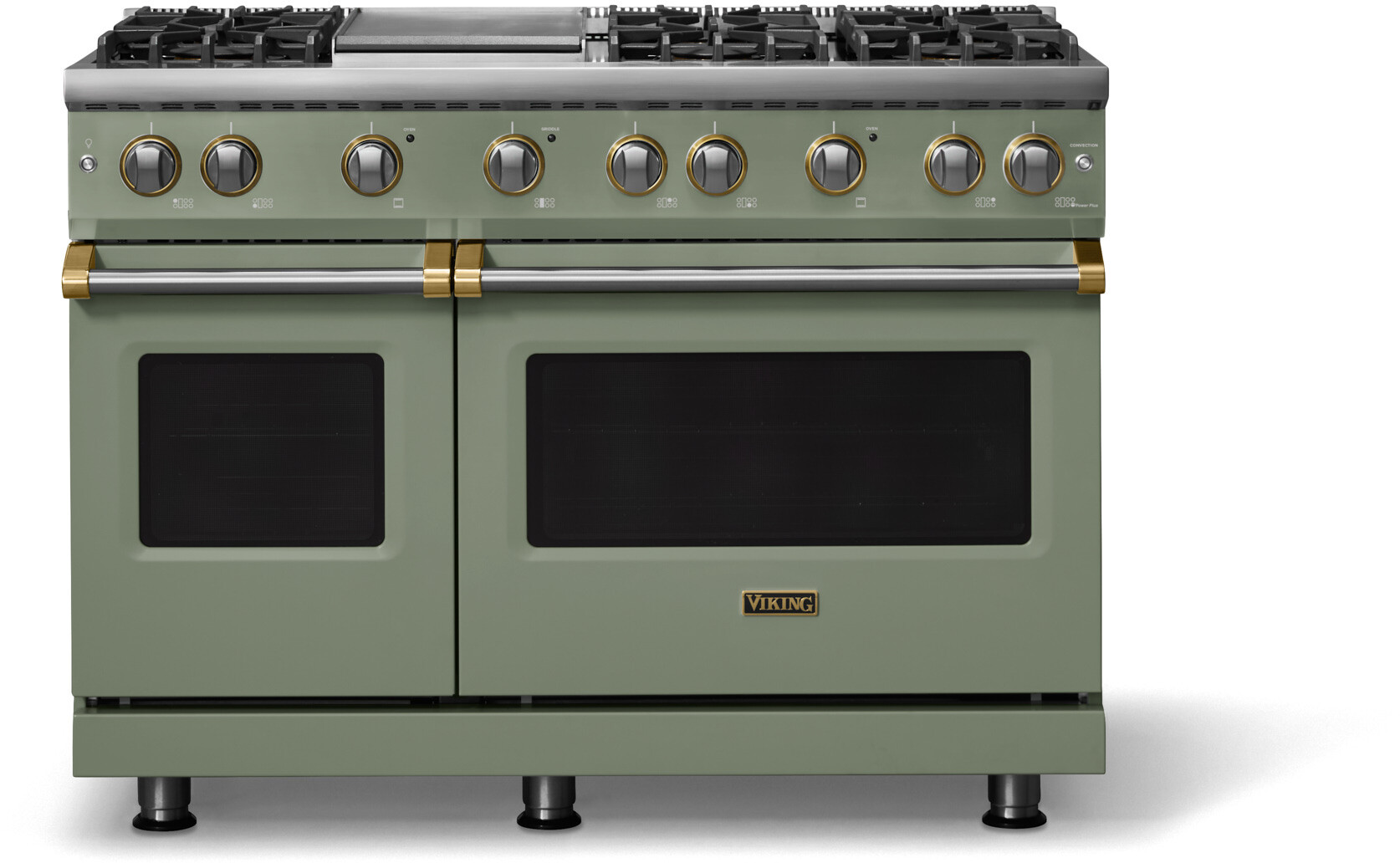 Viking VGR54846GEUBB 5-Series 48 inch Freestanding Gas Range with 6 Sealed Burners, Griddle, 6.1 cu. ft. Oven Capacity, VSH Pro Sealed Burner System and Gourmet-Glo Infrared Broiler (Eucalyptus, Brushed Brass, Natural Gas)
