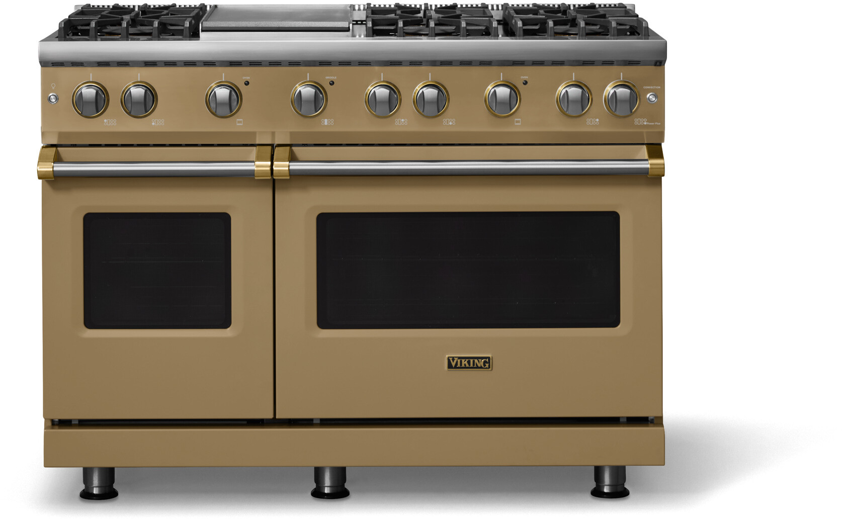 Viking VGR54846GGHBBLP 5-Series 48 inch Freestanding Gas Range with 6 Sealed Burners, Griddle, 6.1 cu. ft. Oven Capacity, VSH Pro Sealed Burner System and Gourmet-Glo Infrared Broiler (Golden Hour, Brushed Brass, Liquid Propane)