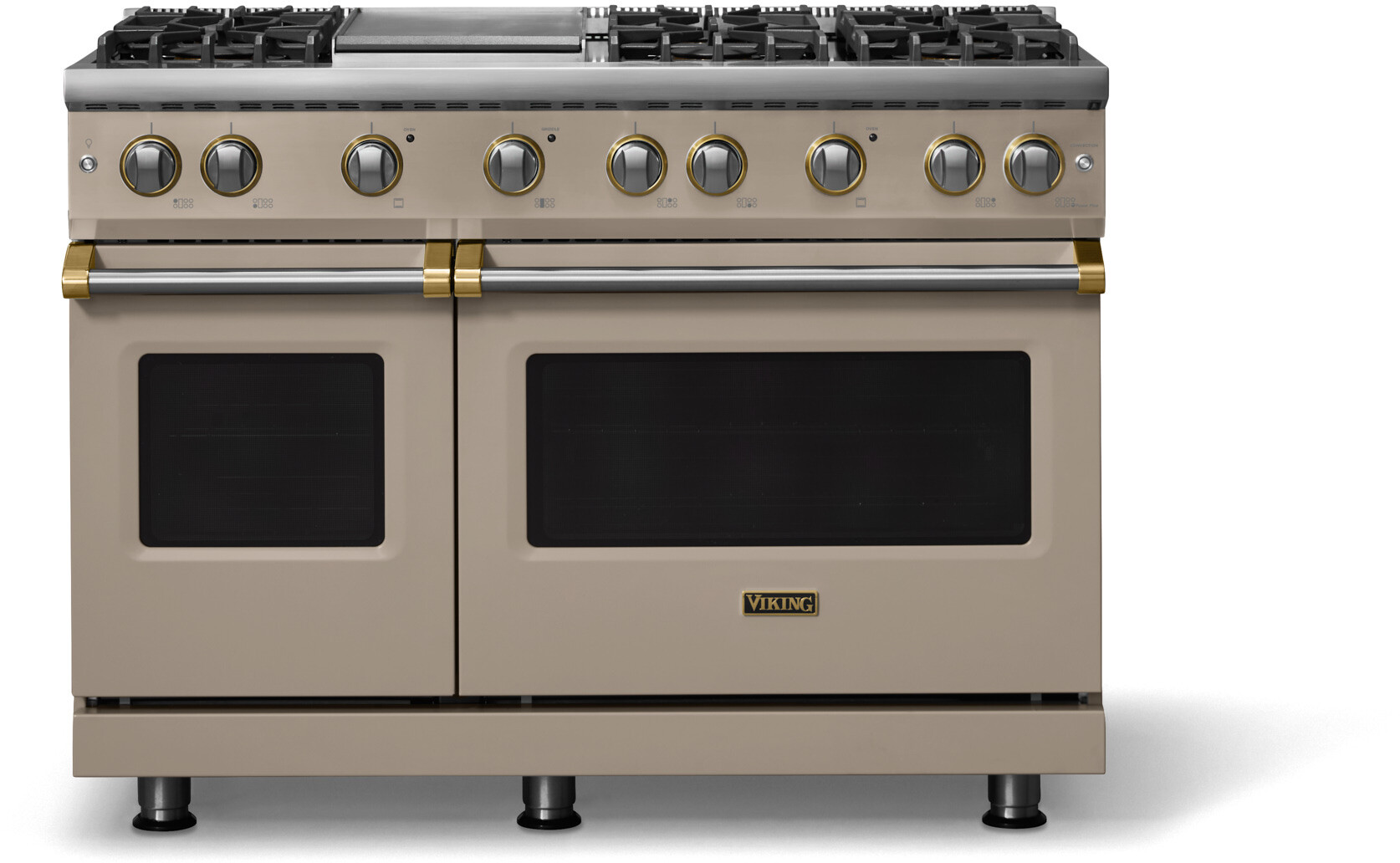 Viking VGR54846GNABBLP 5-Series 48 inch Freestanding Gas Range with 6 Sealed Burners, Griddle, 6.1 cu. ft. Oven Capacity, VSH Pro Sealed Burner System and Gourmet-Glo Infrared Broiler (Nantucket, Brushed Brass, Liquid Propane)