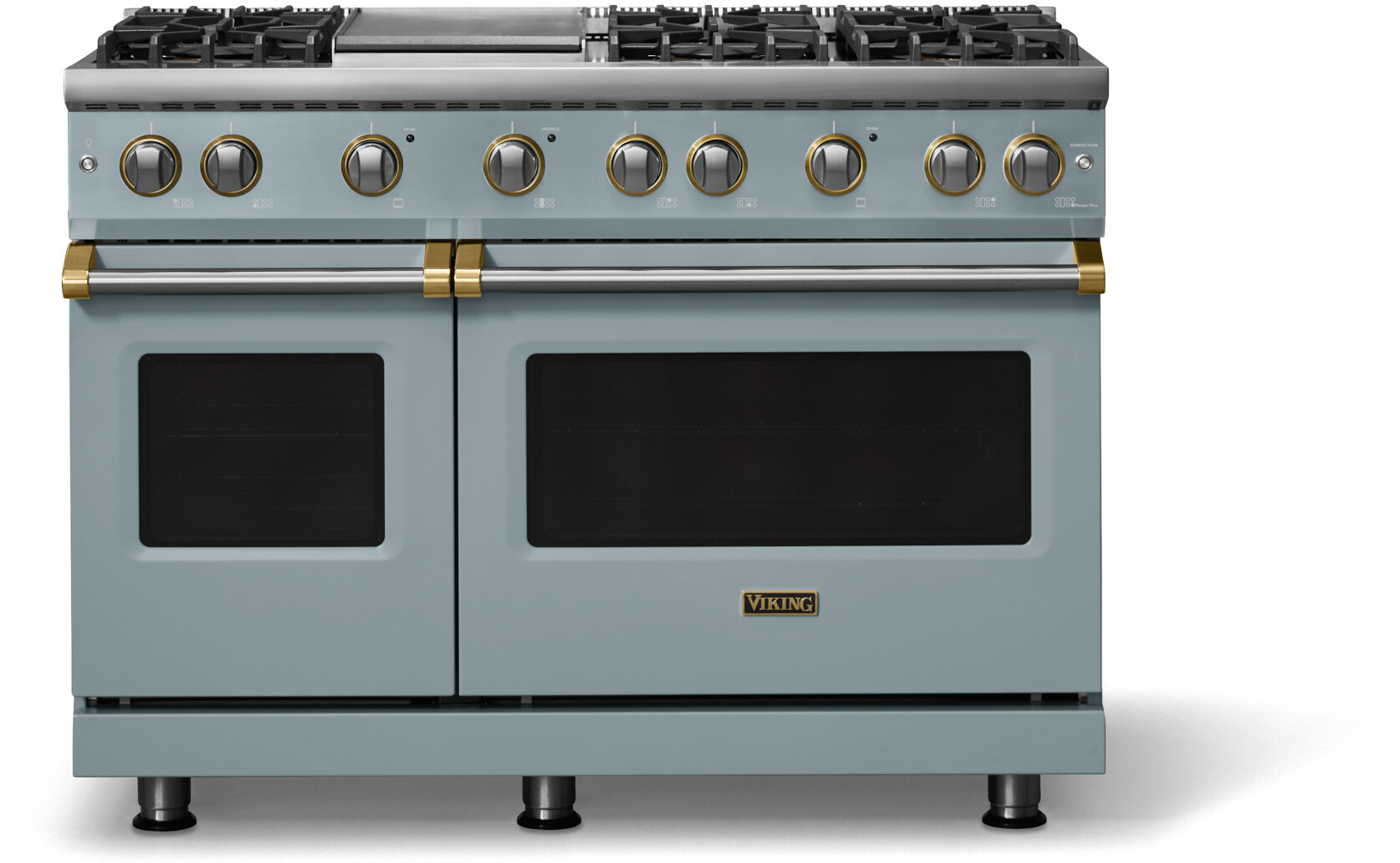 Viking VGR54846GNSBBLP 5-Series 48 inch Freestanding Gas Range with 6 Sealed Burners, Griddle, 6.1 cu. ft. Oven Capacity, VSH Pro Sealed Burner System and Gourmet-Glo Infrared Broiler (November Sky, Brushed Brass, Liquid Propane)