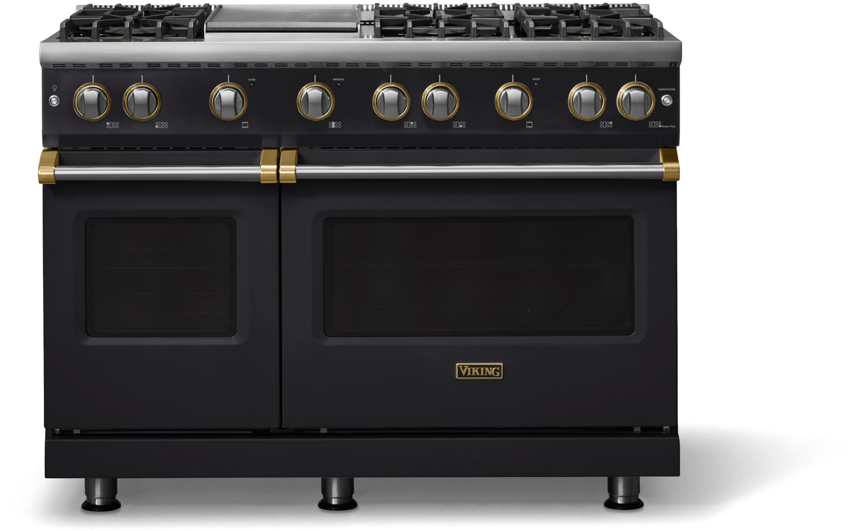 Viking VGR54846GONBBLP 5-Series 48 inch Freestanding Gas Range with 6 Sealed Burners, Griddle, 6.1 cu. ft. Oven Capacity, VSH Pro Sealed Burner System and Gourmet-Glo Infrared Broiler (Onyx, Brushed Brass, Liquid Propane)