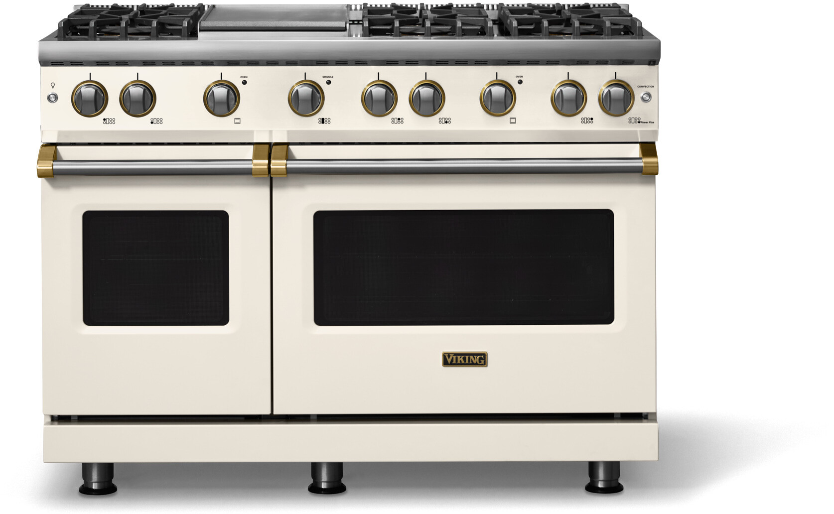Viking VGR54846GPWBBLP 5-Series 48 inch Freestanding Gas Range with 6 Sealed Burners, Griddle, 6.1 cu. ft. Oven Capacity, VSH Pro Sealed Burner System and Gourmet-Glo Infrared Broiler (Pure White, Brushed Brass, Liquid Propane)